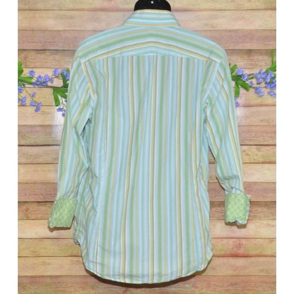 Banana Republic Shirt Men's 16-16 1/2 Green Stripe Cotton Flip Contrast Cuffs